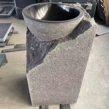 Modern Black Marble & Granite Pedestal Sink – Rustic Stone Freestanding Basin for Indoor & Outdoor Hotel or Home Decoration