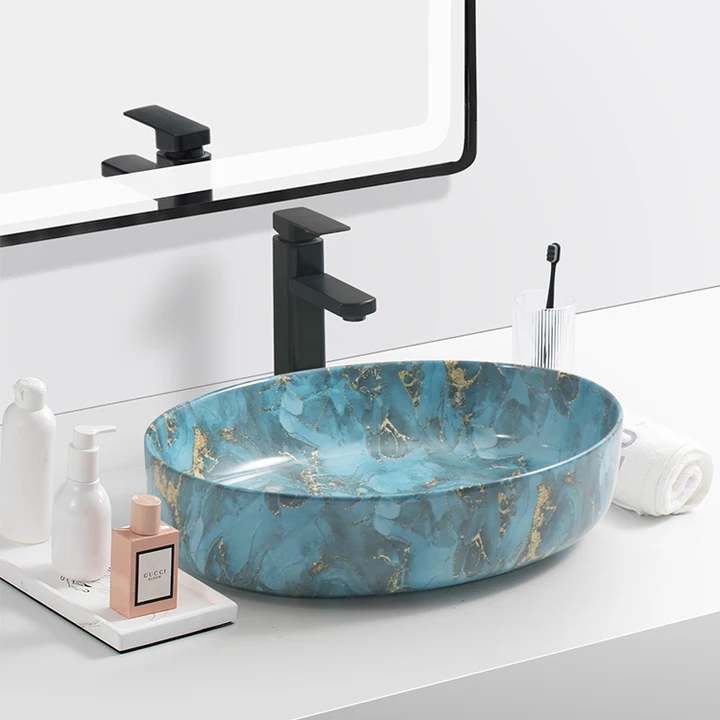 Luxury Blue Marble Oval Porcelain Countertop Basin – Artificial Stone Design Bathroom Sink for Modern Vanity