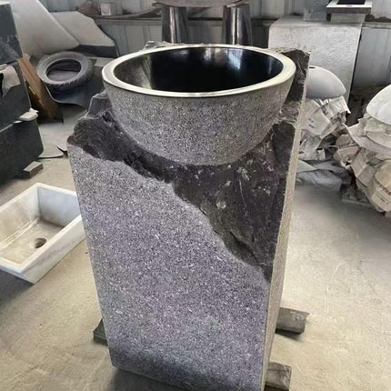Modern Black Marble & Granite Pedestal Sink – Rustic Stone Freestanding Basin for Indoor & Outdoor Hotel or Home Decoration
