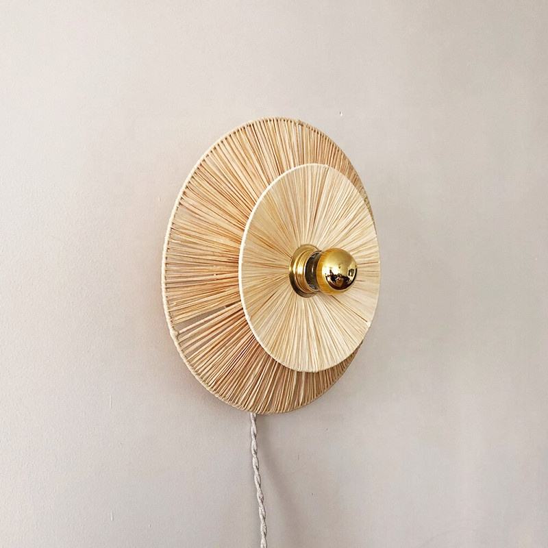Natural Rattan Bamboo Wall Lamp – Handwoven Round Light for Bedside & Home Décor