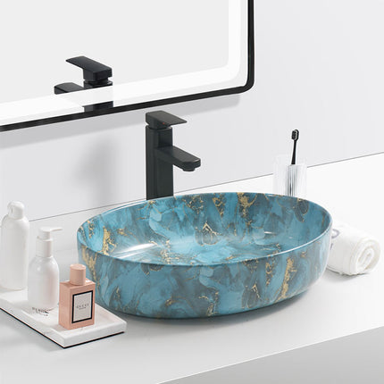 Luxury Blue Marble Oval Porcelain Countertop Basin – Artificial Stone Design Bathroom Sink for Modern Vanity