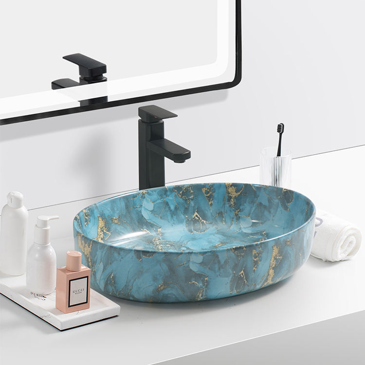 Luxury Blue Marble Oval Porcelain Countertop Basin – Artificial Stone Design Bathroom Sink for Modern Vanity