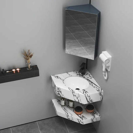 Schrankkombination, kleine Einheit, Eckform, rechtwinklig, Massivholz, Keramikbecken, Waschbecken