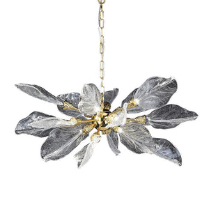 Modern Leaf Glass Chandelier – Gold Pendant Light with Clear & Smoke-Tinted Leaves for Living Room, Dining Room, or Villa