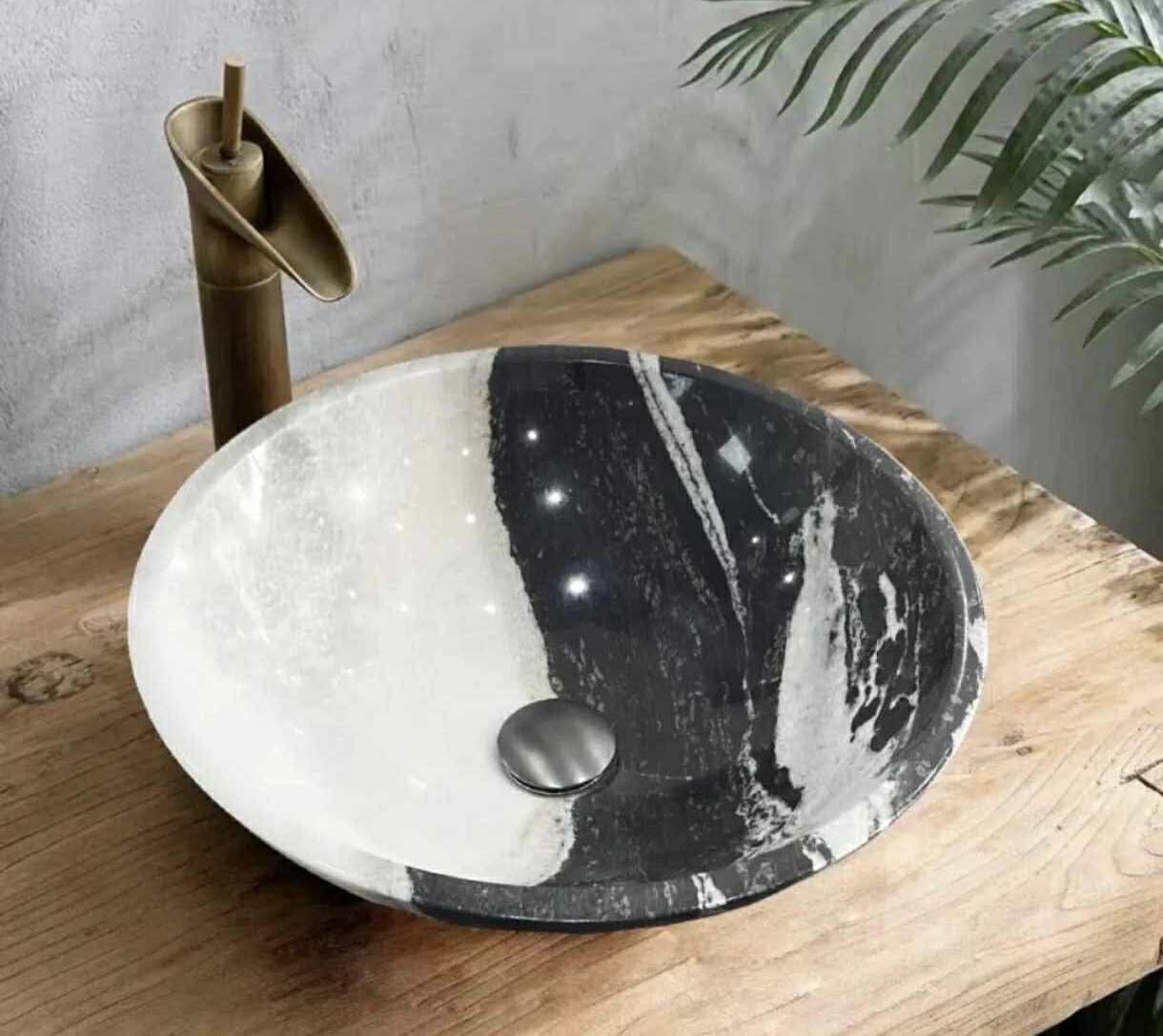 Panda White Marble Bathroom Sink – Round Countertop Art Basin, Luxury Lavabo Hand Wash Vessel