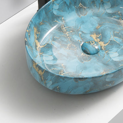 Luxury Blue Marble Oval Porcelain Countertop Basin – Artificial Stone Design Bathroom Sink for Modern Vanity