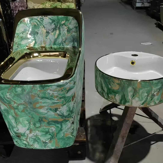 Luxury Green Gold Marble Porcelain Toilet and Wash Basin Set – Elegant Modern Bathroom Design