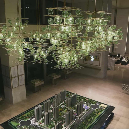 Luxury Hotel Chandelier Green Glass Ball Steel Pendant Lighting