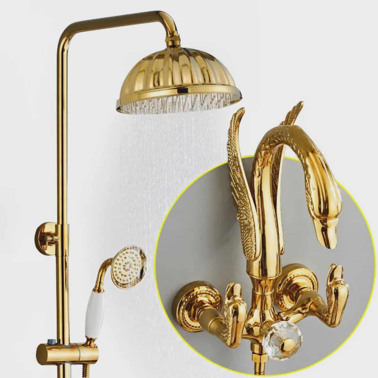 Golden Swan Wall Mounted Faucet Dual Handle Brass Shower System with Polished Rain Shower Head