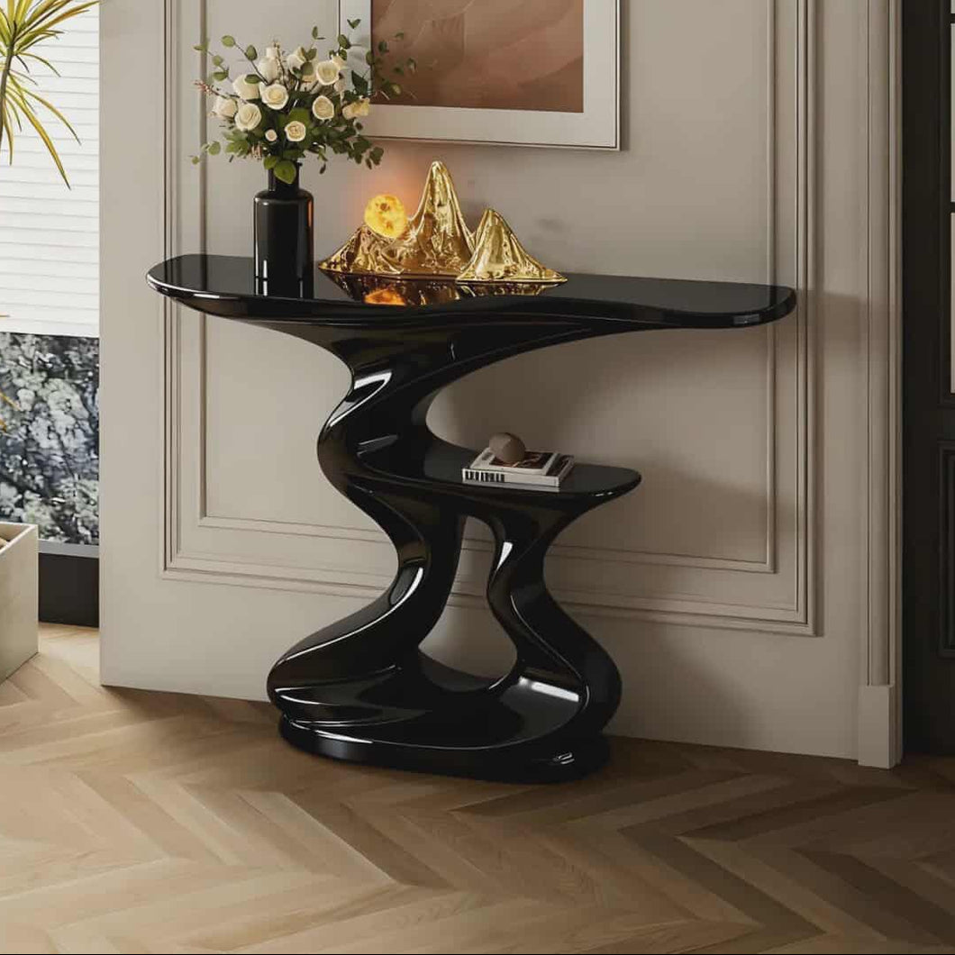 Modern Art-Inspired Fiberglass Black Console Table with Wavy Sculptural Design and Gloss Finish