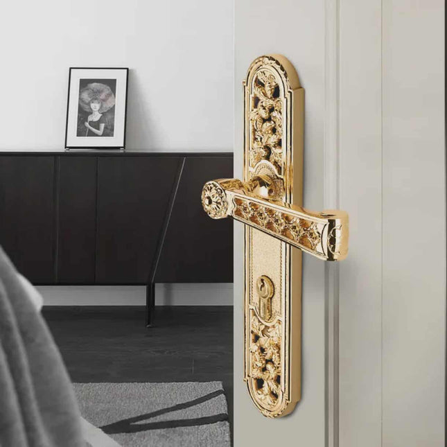 European Light Luxury Villa Carved Door Handle with Silent Wooden Indoor Bedroom Lock Copper Material