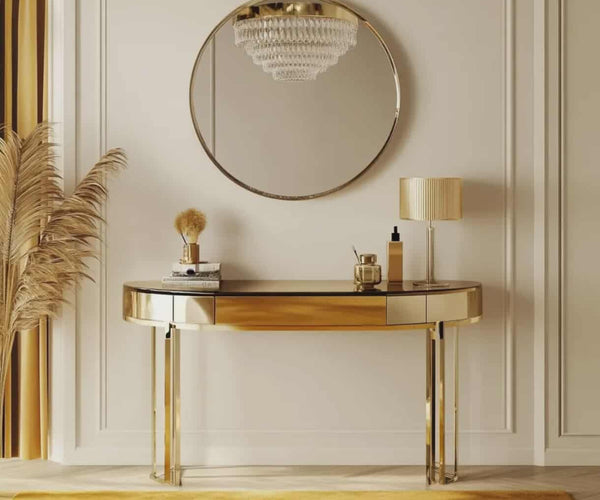 slim fit dress slacks Haye 2 Drawer Chestnut & Gold Dressing Table with Glass Top main image 1