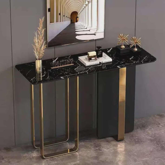 Modern Black Slate Rock Marble Console Table with Gold Stainless Steel Legs