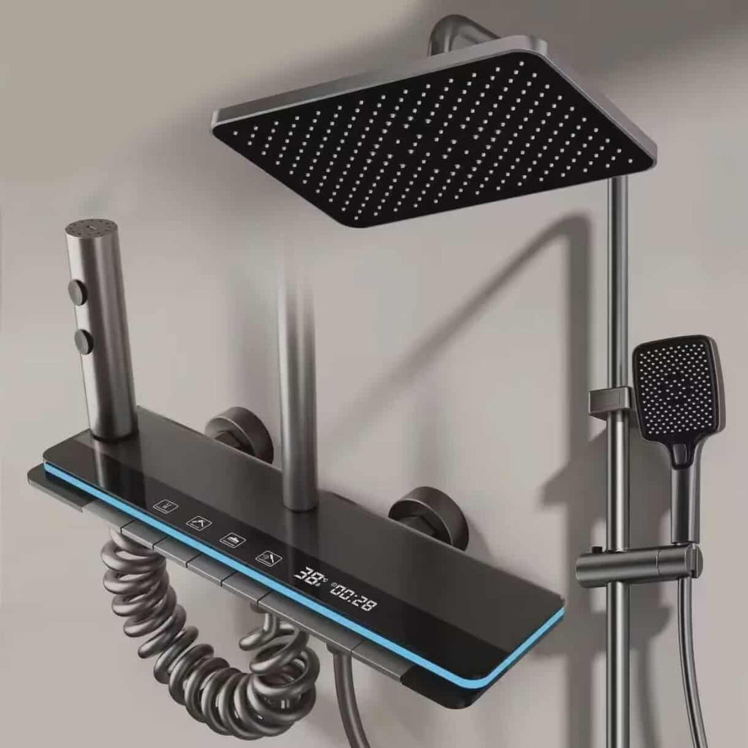 Intelligent LED Digital Display Shower Set Polished Bath Faucet System Rainfall Soft Massage