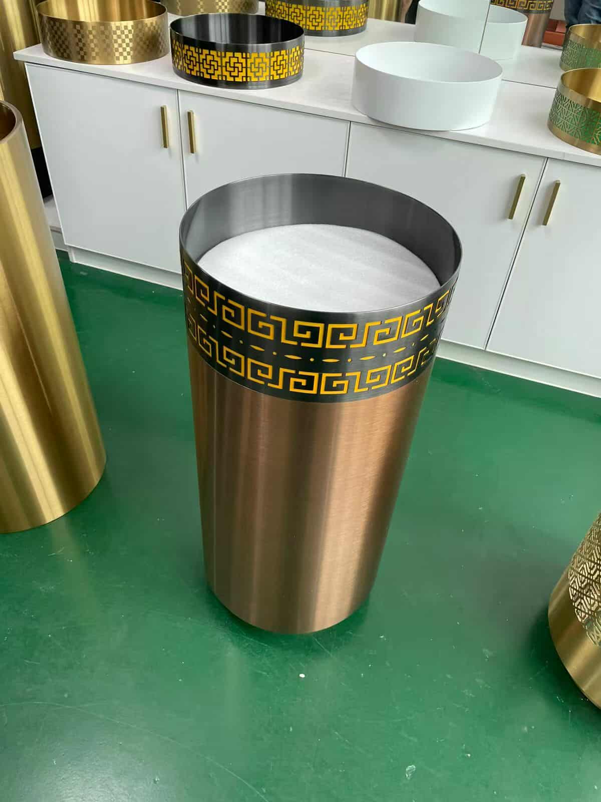 Modern Rose Gold Stainless Steel Pedestal Basin with Greek Key Design Luxury Inspired