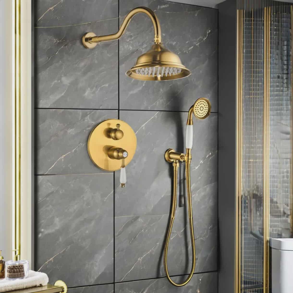 Classic Gold Antique Wall Mounted Brass Bath Shower Set 2-Function Concealed Bathroom Rainfall Shower Gold Chrome Ceramic