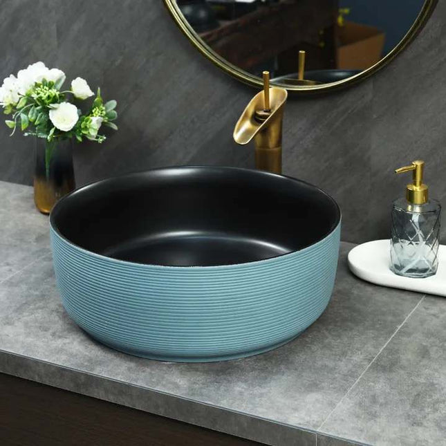 Vasque ronde moderne en porcelaine bleue – Vasque de luxe à poser pour salle de bain, maison et hôtel
