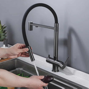 Modern Black Copper Kitchen Faucet – Hot and Cold Water Mixer Tap with Copper Spool Cartridge
