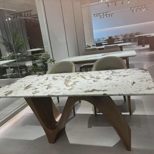 V Shape Solid Wood Leg Table Rectangular Marble Top Dining Table Customizable