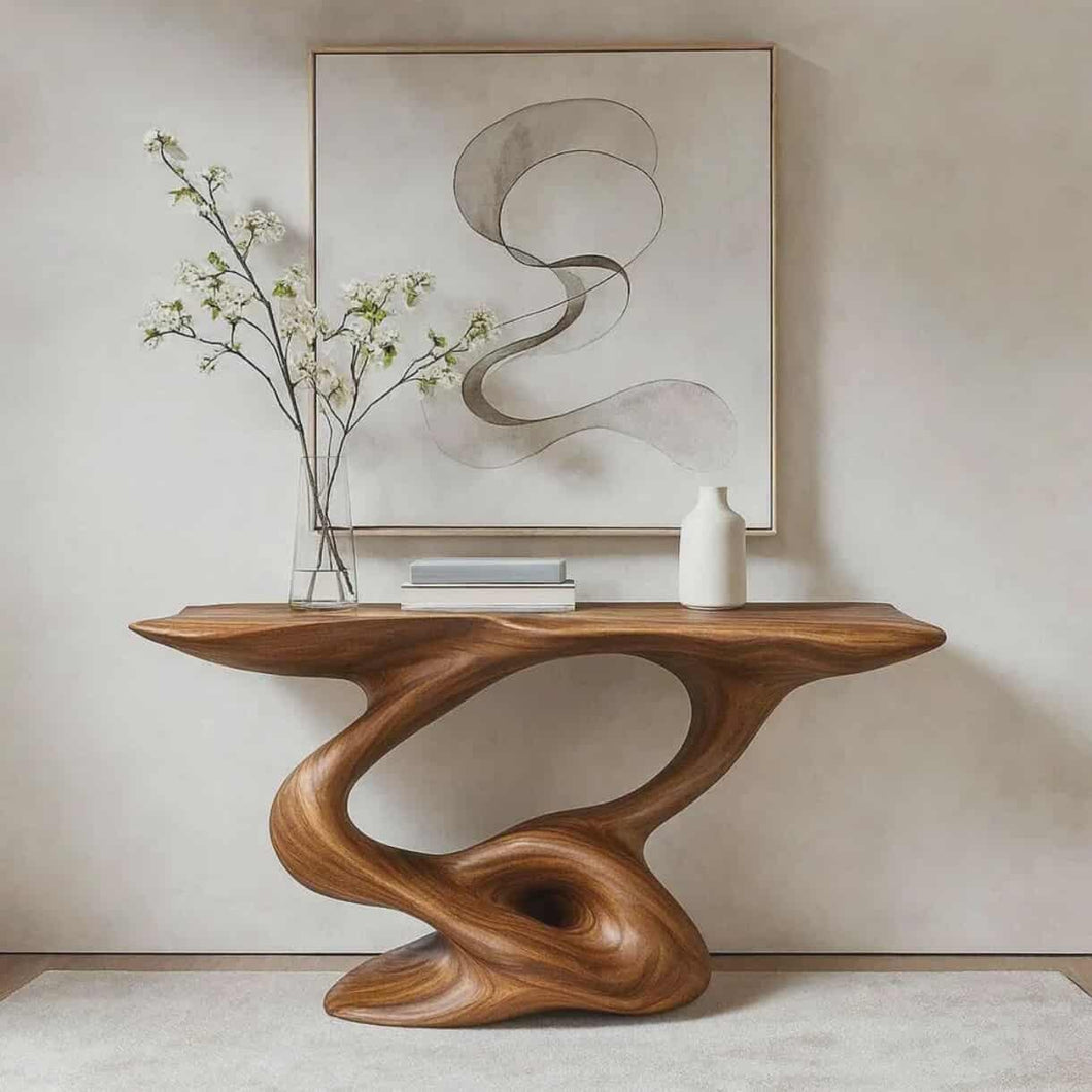 Modern Sculptural Solid Wood Console Table – Artistic Natural