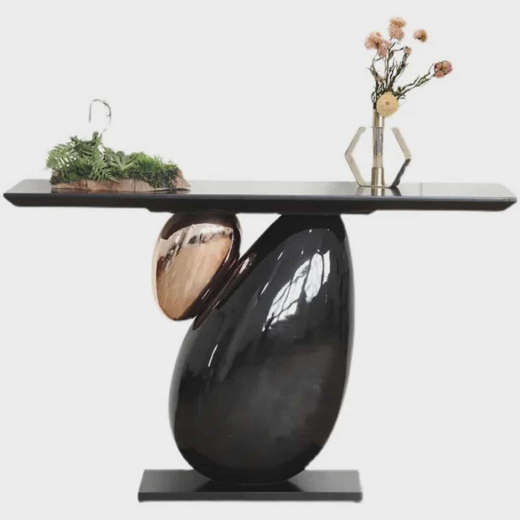 Modern Art Pebble Base Console Table with Black Tempered Glass Top