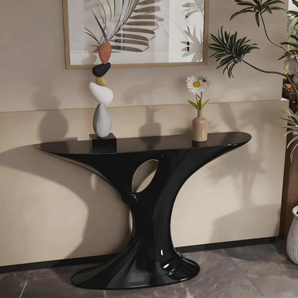 Moderner schwarzer Konsolentisch aus Fiberglas mit geschwungenem, organischem Design und glänzender Oberfläche 