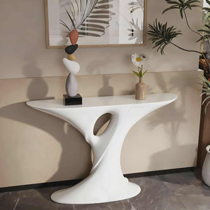 Contemporary Art Fiberglass White Console Table with Curved Organic Design and Gloss Finish