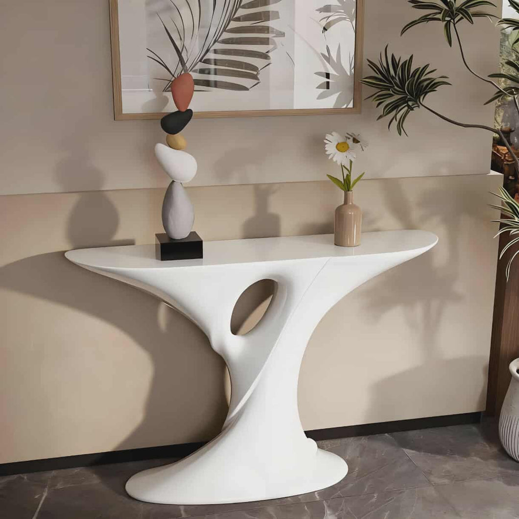 Contemporary Art Fiberglass White Console Table with Curved Organic Design and Gloss Finish