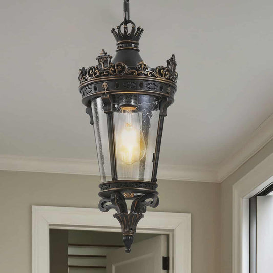 Antique Crown Outdoor Hanging Lantern Vintage Pendant Clear Glass Lighting Fixture