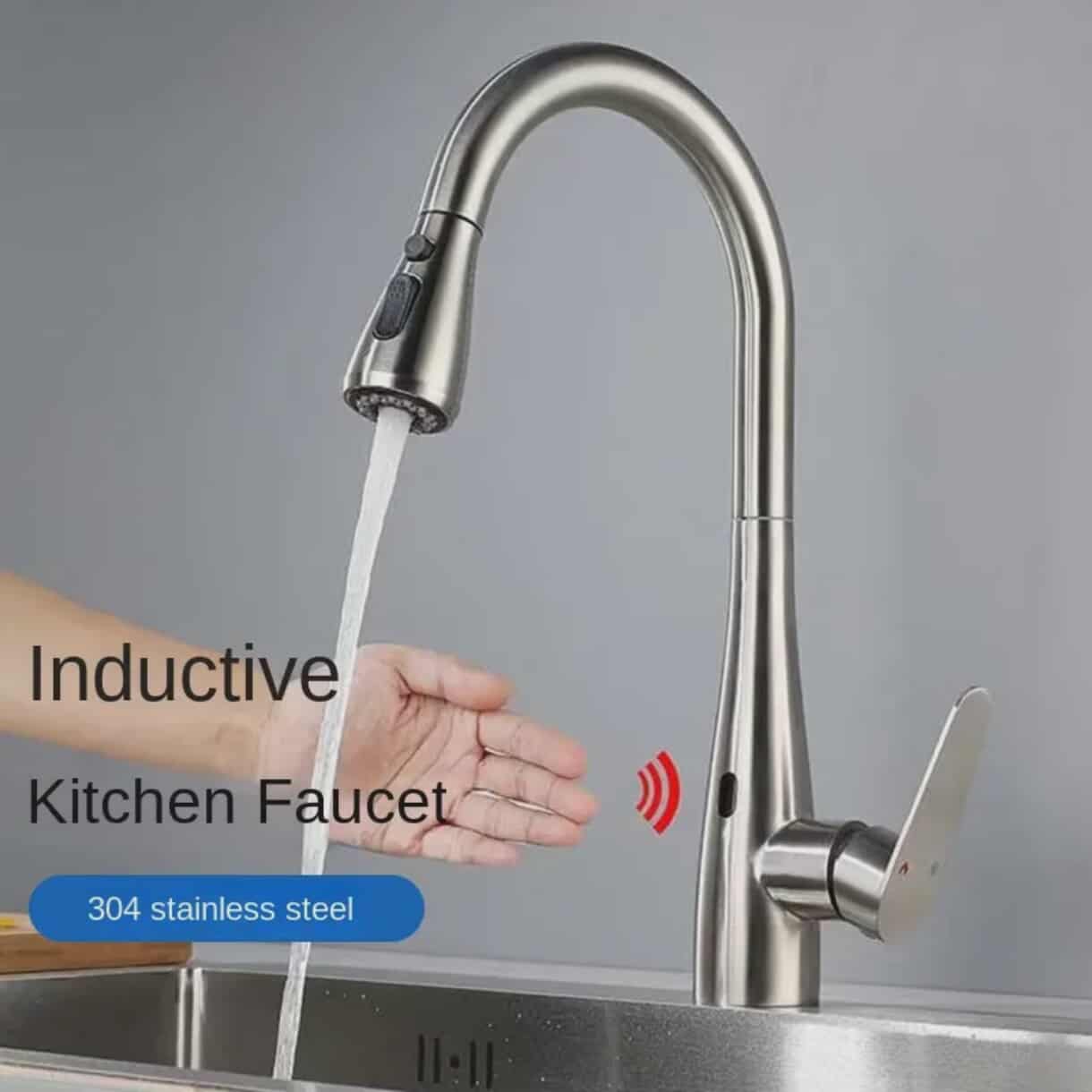 304 Stainless Steel Induction Kitchen Basin Faucet Wire-Drawn Pull-Out Rotating Tap
