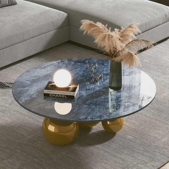 Modern Gold Center Table Luxury Round Sintered Stone Blue Marble Top