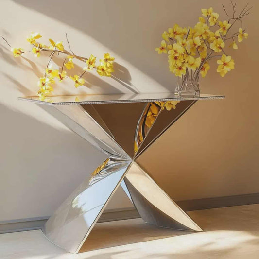 Modern Mirrored Silver Console Table – Geometric Luxury Design