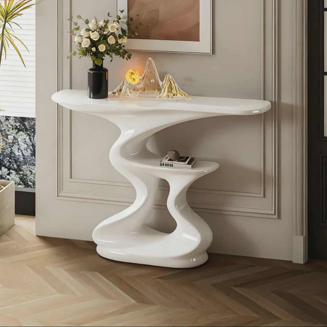 Modern Art-Inspired Fiberglass White Console Table with Wavy Sculptural Design and Gloss Finish