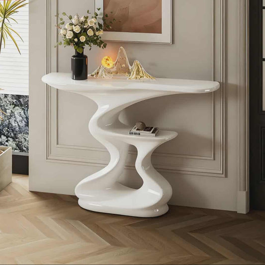 Modern Art-Inspired Fiberglass White Console Table with Wavy Sculptural Design and Gloss Finish