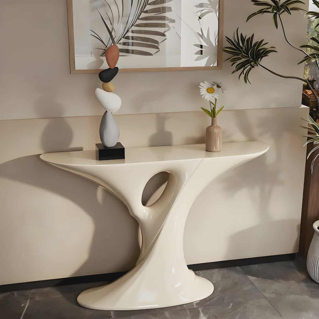 Contemporary Art Fiberglass Cream Console Table with Curved Organic Design and Gloss Finish