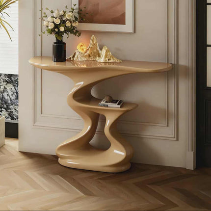 Moderner, von Kunst inspirierter Konsolentisch aus braunem Fiberglas mit wellenförmigem, skulpturalem Design und glänzender Oberfläche 