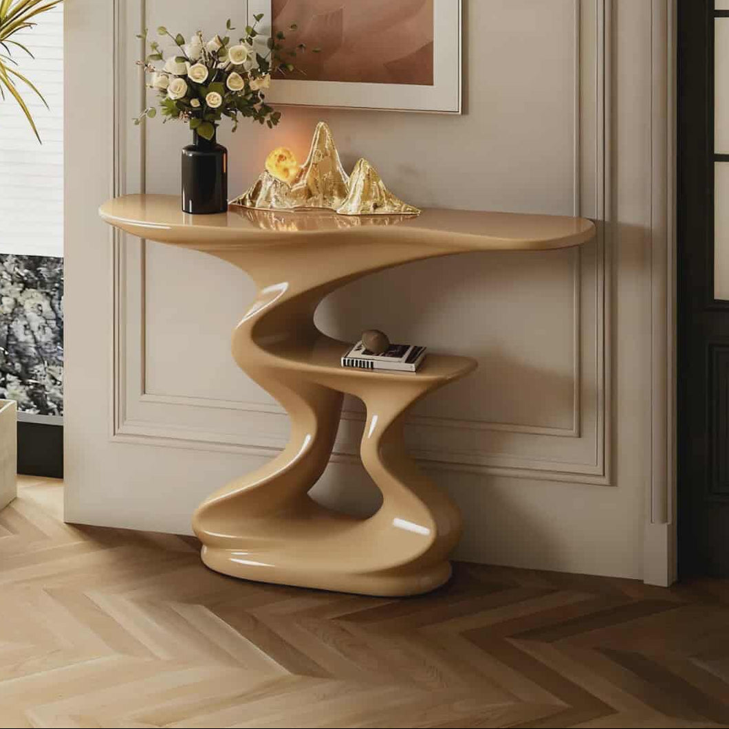 Modern Art-Inspired Fiberglass Brown Console Table with Wavy Sculptural Design and Gloss Finish