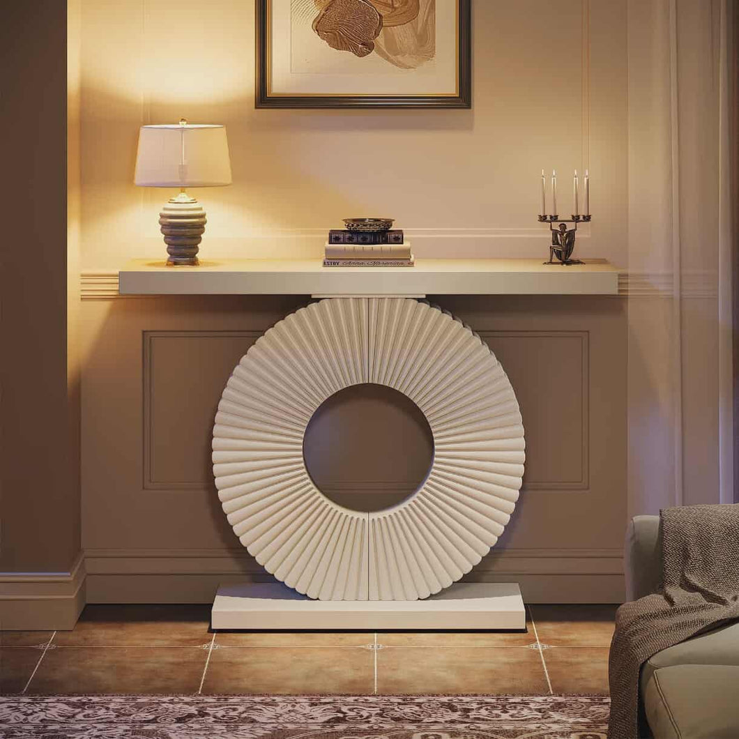 Modern Oak Wood Console Table with Geometric Metal Base