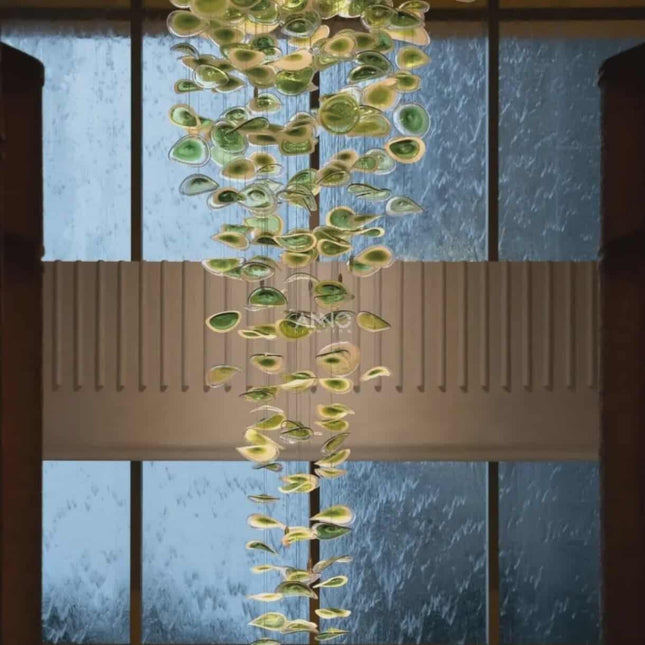 Custom Green Leaf Glass Chandelier – Modern Luxury Long Pendant Light