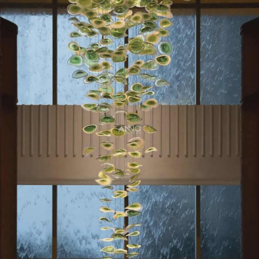 Custom Green Leaf Glass Chandelier – Modern Luxury Long Pendant Light