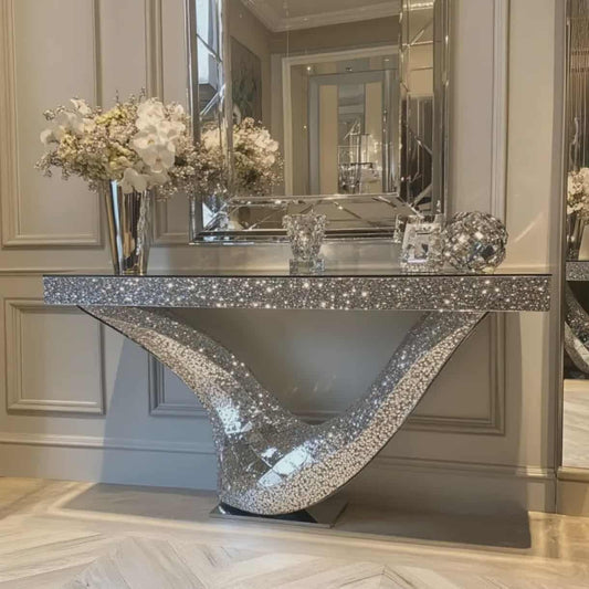 Luxury Crystal Mirrored Silver Console Table – Modern Glam Design