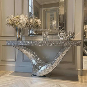 Luxury Crystal Mirrored Silver Console Table – Modern Glam Design