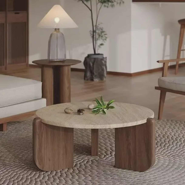 Modern Minimalist Round Coffee Table Luxury Stone Solid Wood Base