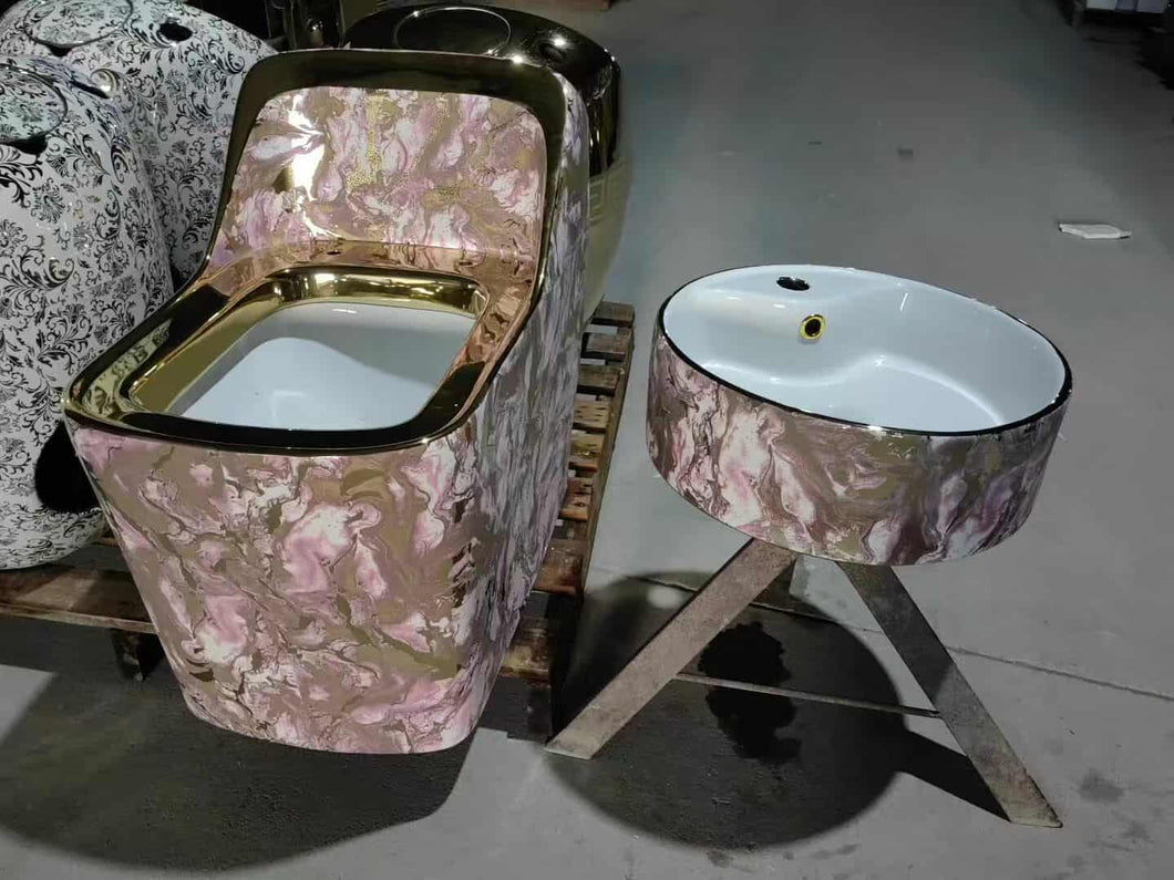 Luxury Pink Gold Marble Porcelain Toilet and Wash Basin Set – Elegant Modern Bathroom Design