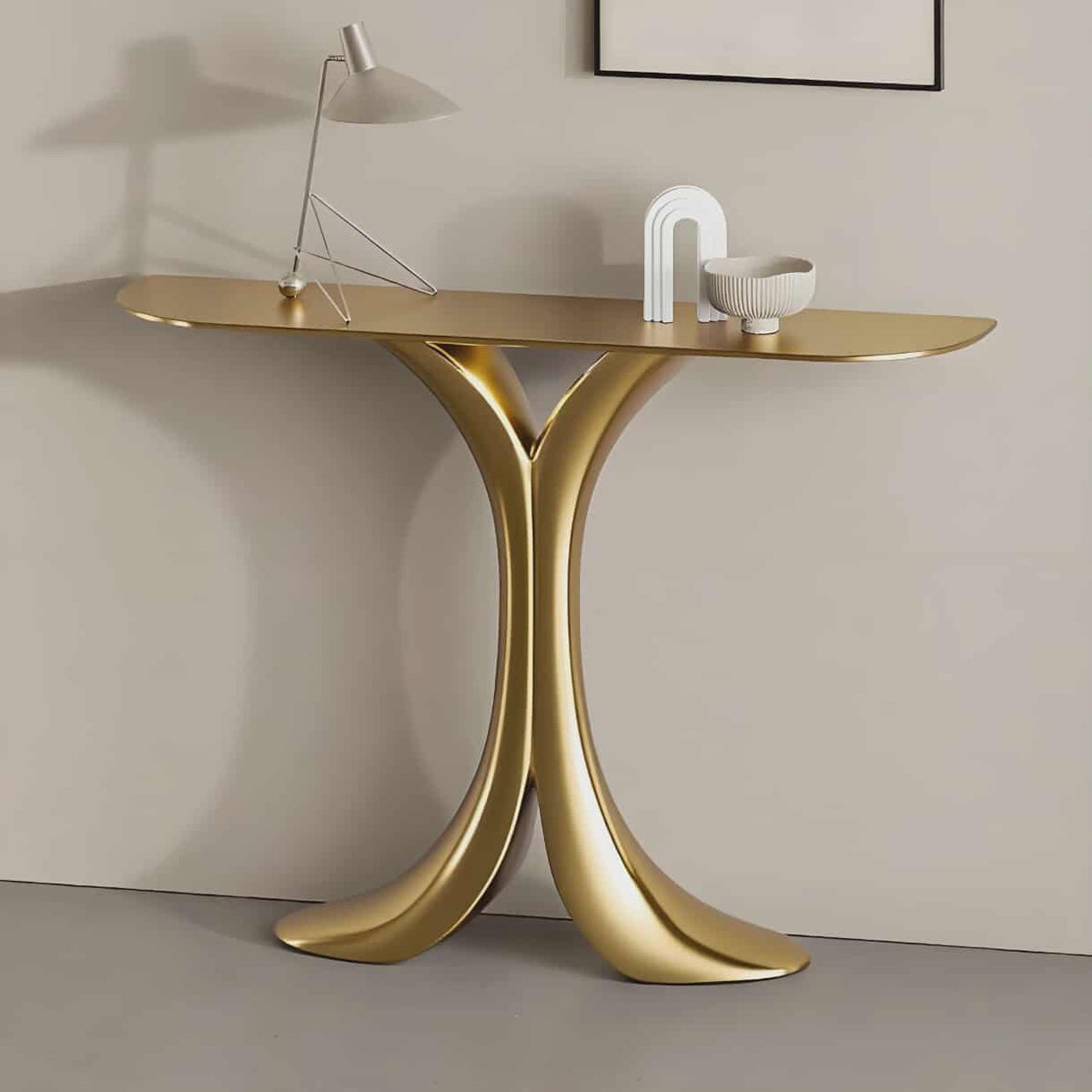 Modern Luxury Gold Console Table with Sculptural Base Design – La Moderno