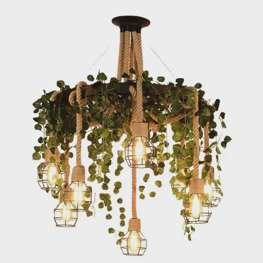Rustic Rope and Green Vine Industrial Pendant Chandelier