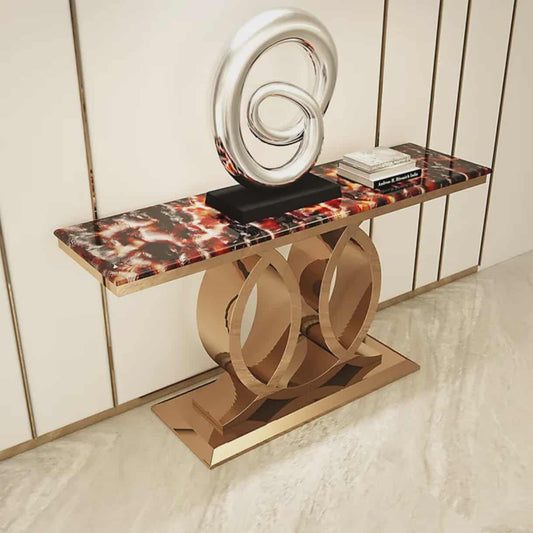 Modern Stainless Steel Console Table with Marble Top Rose Gold Finish