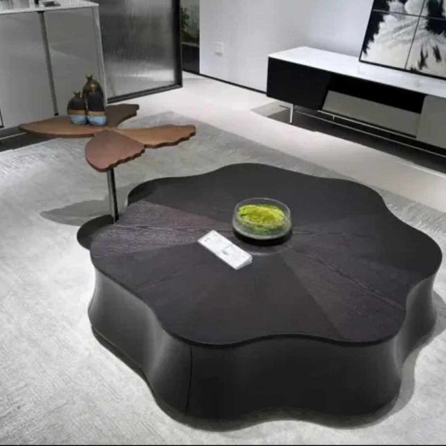 Modern Simple High-Grade Black Solid Wood Storage Coffee Table Minimalist Flower Design