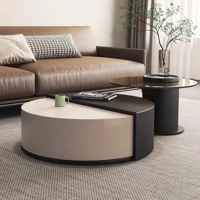 Luxury Nordic Modern Round Wood Coffee Table Expandable Drawers