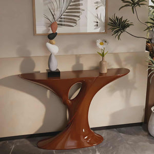 Contemporary Art Fiberglass Brown Console Table with Curved Organic Design and Gloss Finish